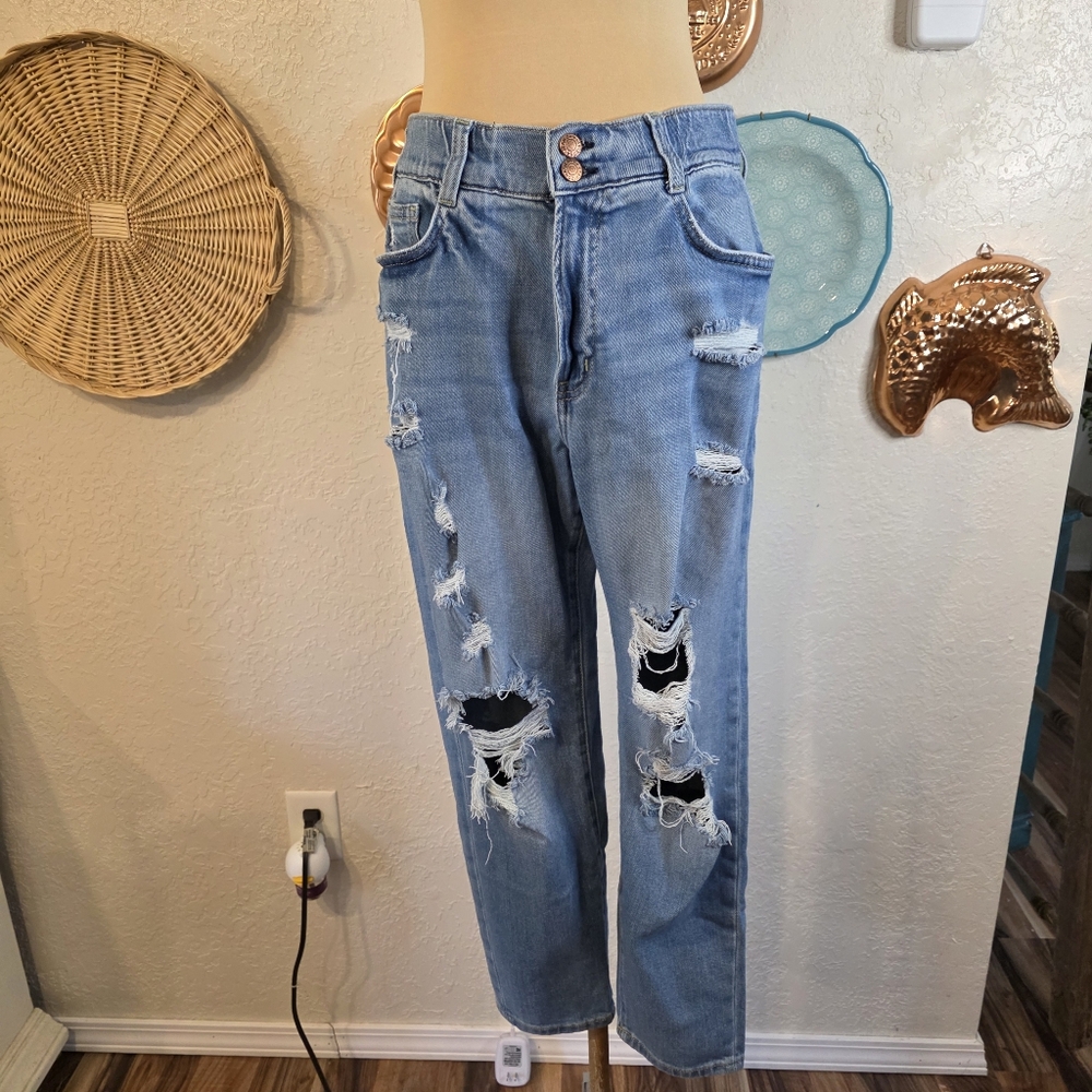 Arizona Heavily Distressed Light Blue High Rise Mom Jeans